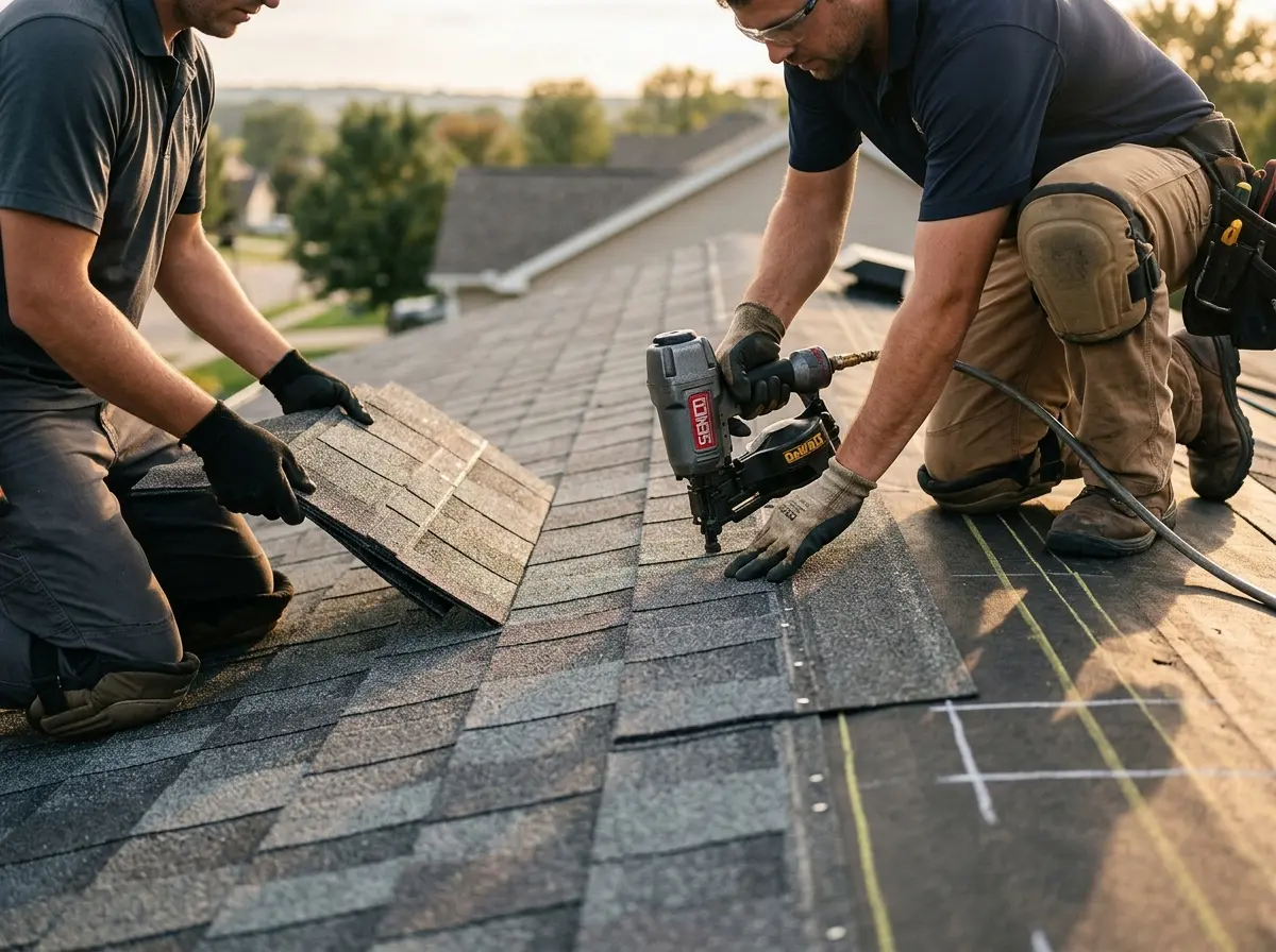 Professional roofer working on a residential roof in Maysville
